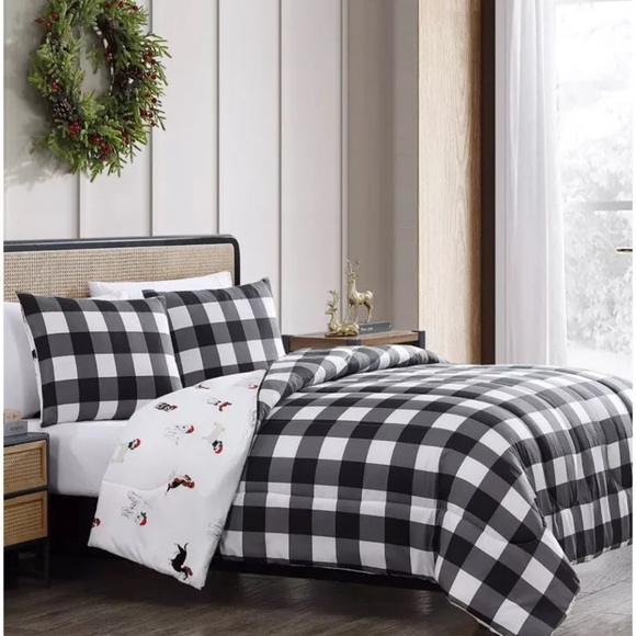 Queen Comforter 3PC Reversible Set Black Plaid One Side Christmas Dogs Other New - Picture 6 of 6
